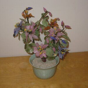 Vintage Chinese Jade Quartz glass Flower Bonsai Tree Sculpture Celadon Pot MCM